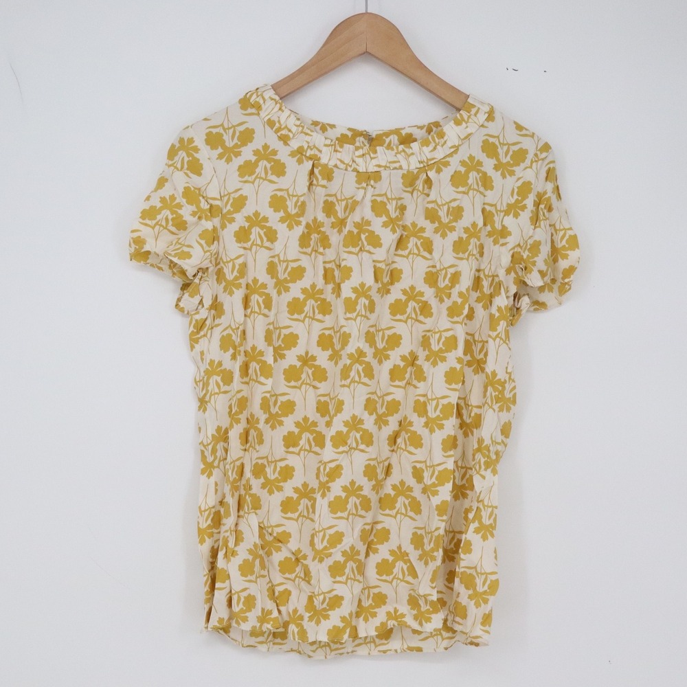 Boden Top Womens 8 Yellow Floral Silk Blend Pleated Neck Excellent